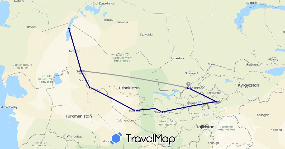 TravelMap itinerary: driving, plane in Uzbekistan (Asia)